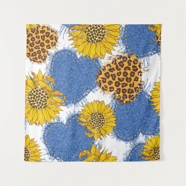 Denim Hearts Leopard Sunflowers Muster Wandteppich (Vorderseite)