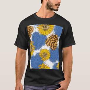 Denim-Herzen Leoparden-Sonnenblumen-Muster T-Shirt