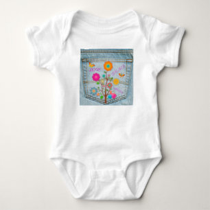 Denim-Hintertaschen-Blumen Frieden Liebe Hoffnung Baby Strampler