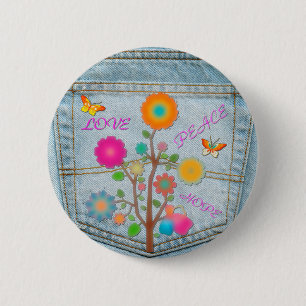 Denim-Hintertaschen-Blumen Frieden Liebe Hoffnung Button