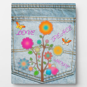 Denim-Hintertaschen-Blumen Frieden Liebe Hoffnung Fotoplatte