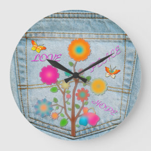 Denim-Hintertaschen-Blumen Frieden Liebe Hoffnung Große Wanduhr