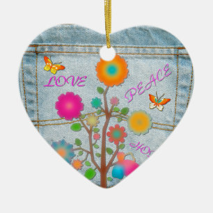 Denim-Hintertaschen-Blumen Frieden Liebe Hoffnung Keramikornament