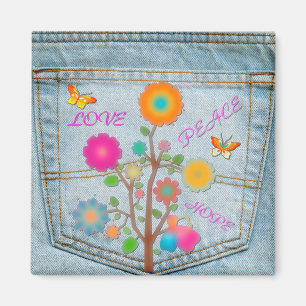 Denim-Hintertaschen-Blumen Frieden Liebe Hoffnung Magnet