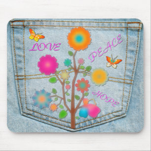 Denim-Hintertaschen-Blumen Frieden Liebe Hoffnung Mousepad