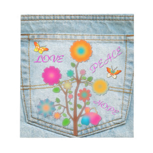 Denim-Hintertaschen-Blumen Frieden Liebe Hoffnung Notizblock