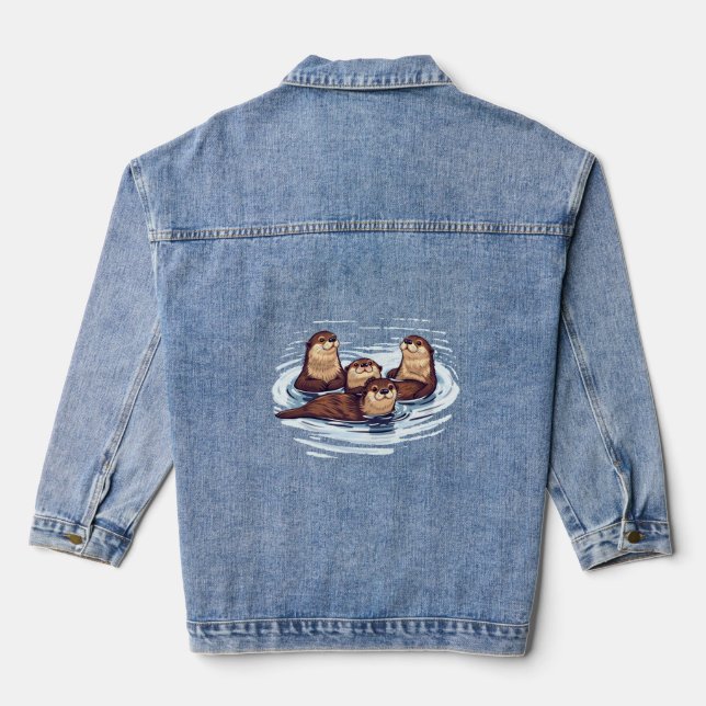 Denim Jacket für Frauen spielerische Otters Schwim Jeansjacke (Rückseite)