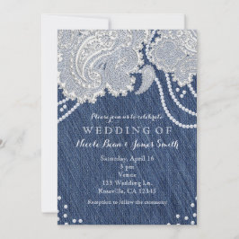 Denim Jean Pearls & White Paisley Lace Wedding Einladung