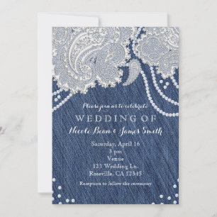 Denim Jean Pearls & White Paisley Lace Wedding Einladung