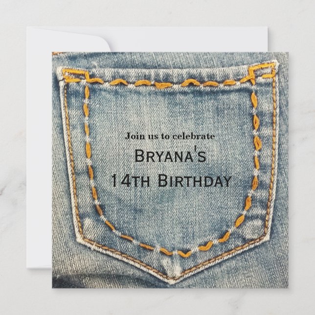 Denim Jean Stitched Pocket Birthday Party Einladung (Vorderseite)