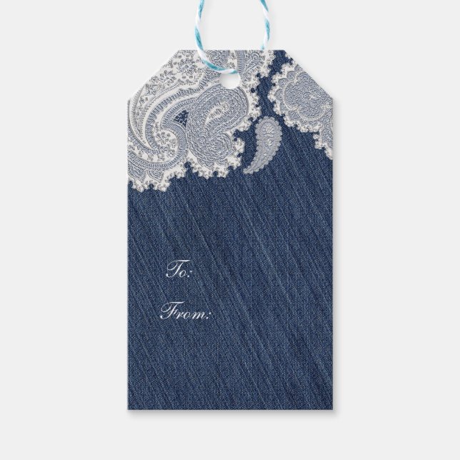 Denim Jean & White Lace Elegant Bridal Wedding Geschenkanhänger (Vorderseite)