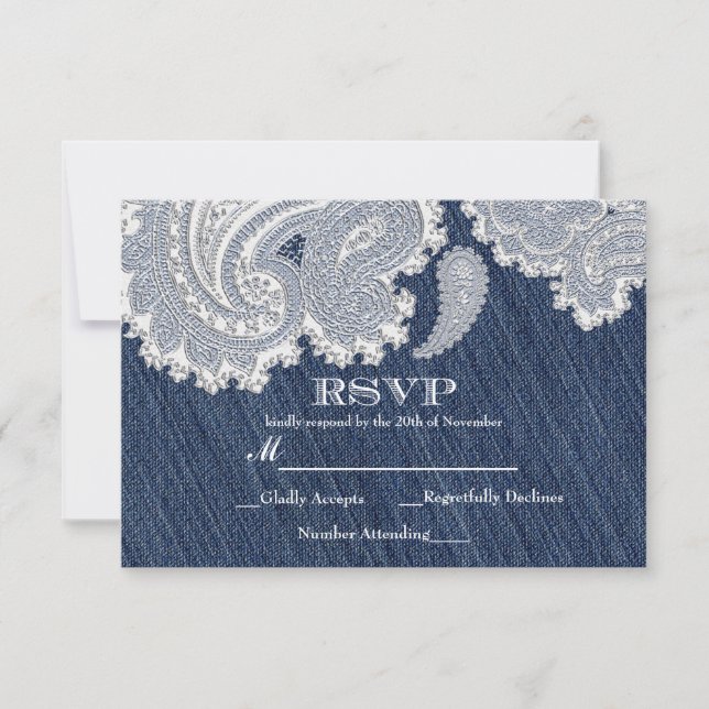 Denim Jean & White Lace Elegant Wedding RSVP Card (Vorderseite)