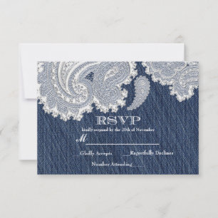 Denim Jean & White Lace Elegant Wedding RSVP Card