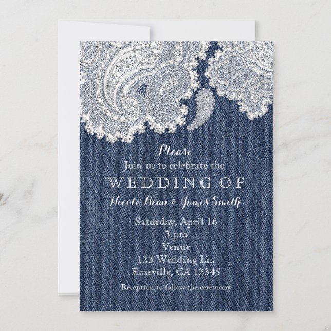 Denim Jean & White Lace Hochzeitseinladungen Einladung (Vorderseite)