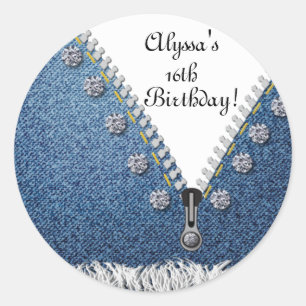 Denim Jeans Frayed & Diamonds Round-Sticker-Label Runder Aufkleber