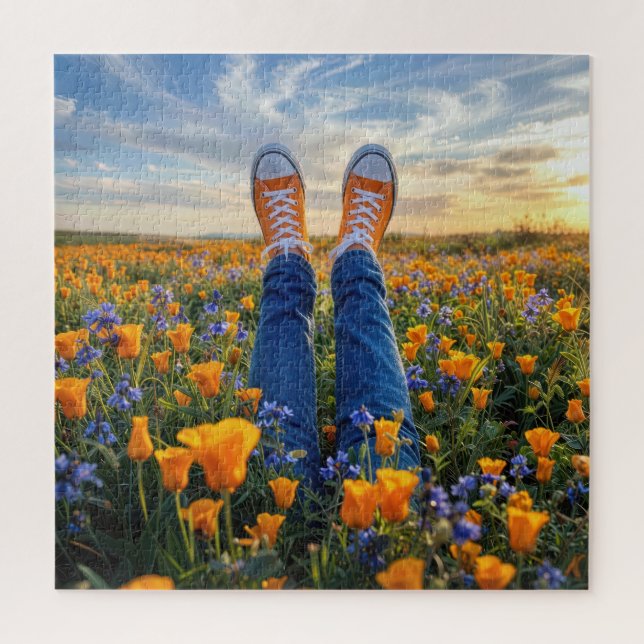 Denim Jeans und orange Sneaker in Blumen Puzzle (Vertikal)