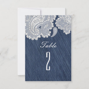 Denim-Jeans- und Weißspitze-Hochzeitstischnummern Einladung