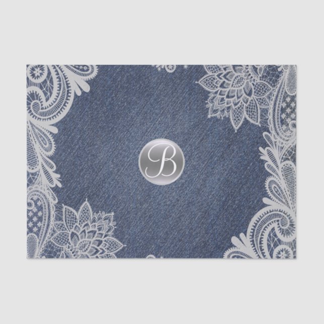 Denim & Lace Rustic Glam Elegant Monogram Initial Seidenpapier (Vorderseite)