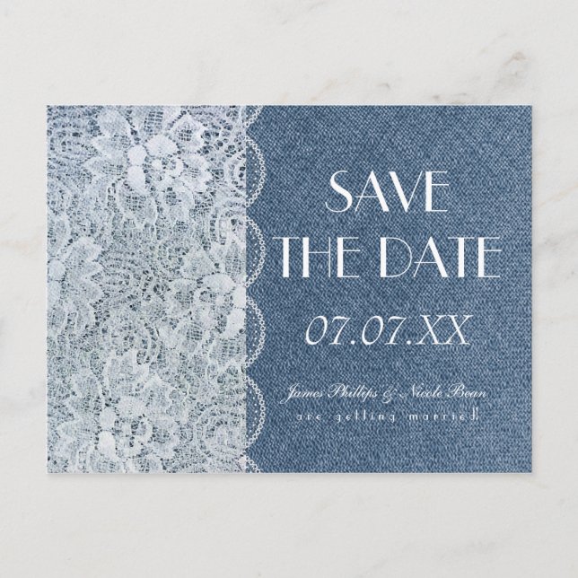 Denim & Lace Rustic Save the Date Hochzeit Postkar Ankündigungspostkarte (Vorderseite)