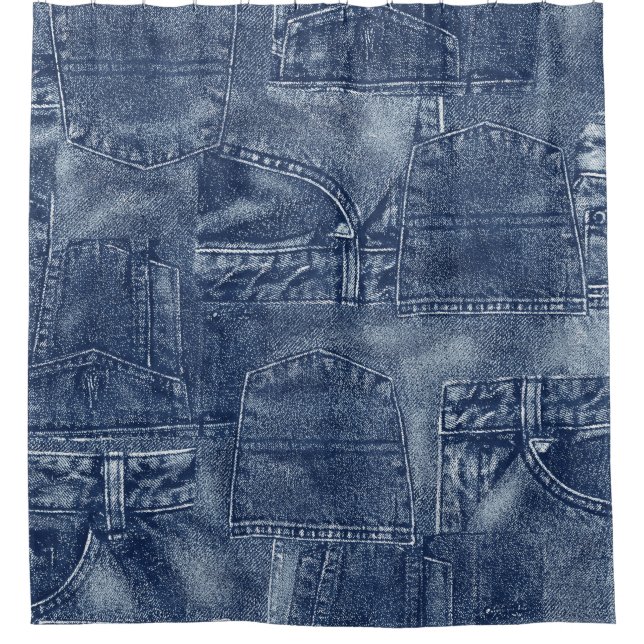 Denim Material in einem Patchwork-Taschenmuster. Duschvorhang (Vorderseite)