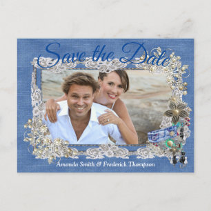 Denim mit Cream Blume Lace und Kostümschmuck Ankündigungspostkarte