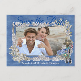 Denim mit Cream Blume Lace und Kostümschmuck Ankündigungspostkarte