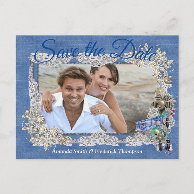 Denim mit Cream Blume Lace und Kostümschmuck Ankündigungspostkarte (Vorderseite)