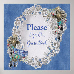 Denim mit Cream Blume Lace und Kostümschmuck Poster