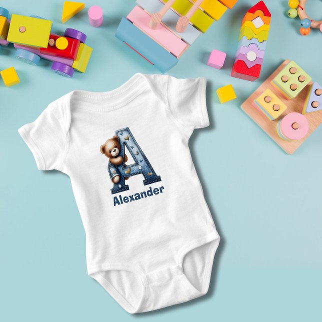 Denim Monogram A Teddybär Baby Strampler (Von Creator hochgeladen)