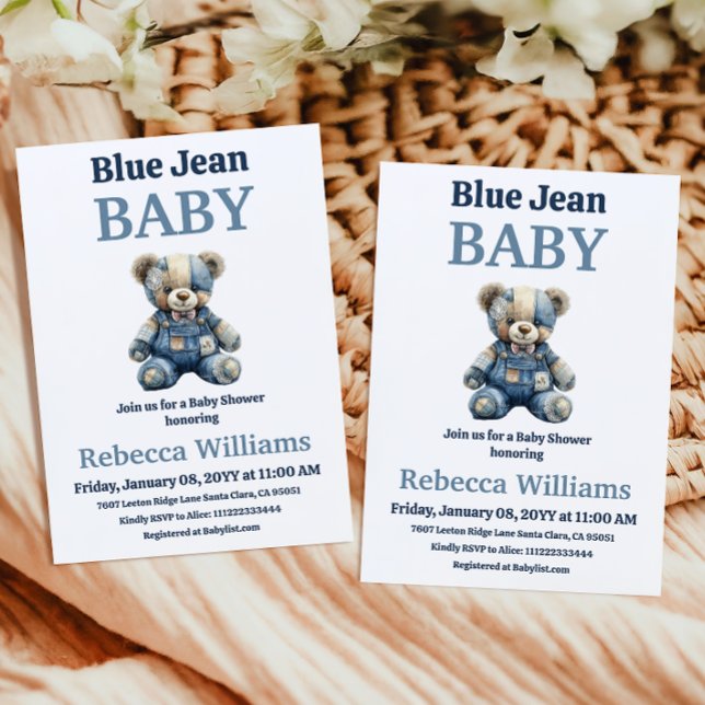 Denim Patchwork Bear Boy Blue Jean Baby Shower Einladung (Von Creator hochgeladen)
