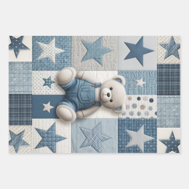 Denim Patchwork Bear Napkins Geschenkpapier Set (Vorderseite)