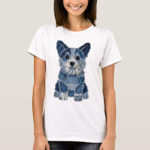 Denim-Patchwork-Corgi-Hund T-Shirt