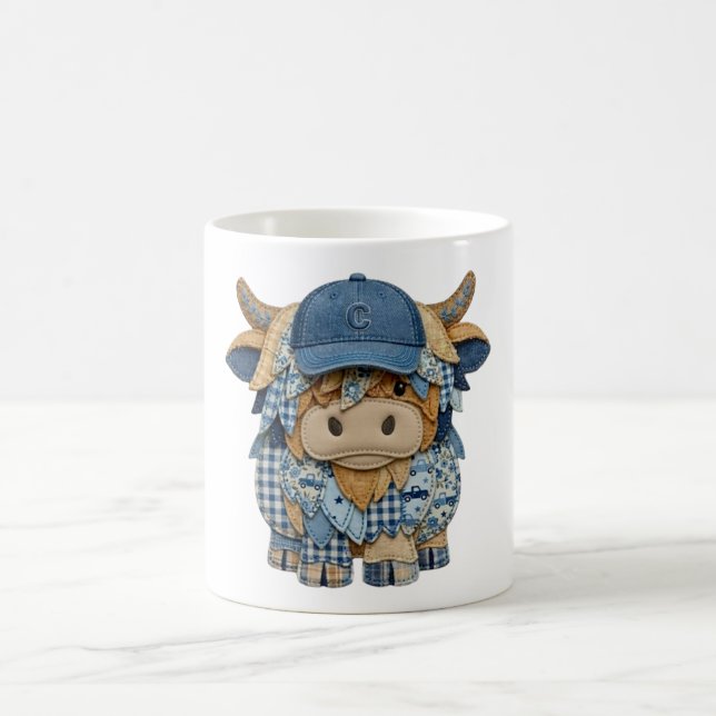 Denim-Patchwork-Hochlandkuh Kaffeetasse (Mittel)