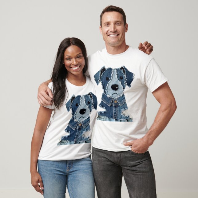 Denim-Patchwork-Hund T-Shirt (Unisex)
