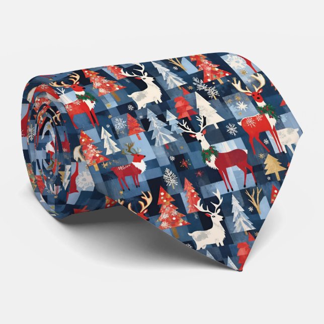 Denim-Patchwork-Kariert-Weihnachtsbäume & Rentiere Krawatte (Gerollt)