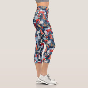 Denim Patchwork Karierte Weihnachtsbaumen & Reinde Capri Leggings