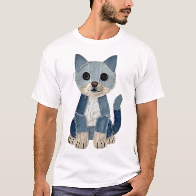 Denim-Patchwork-Katze T-Shirt (Vorderseite)