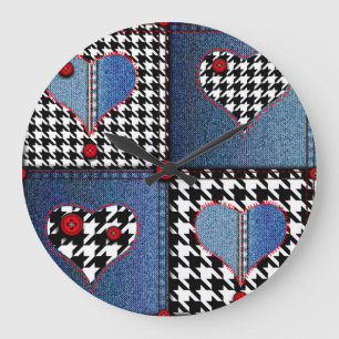 Denim Patchwork: Nahtloses Stoffmuster Große Wanduhr