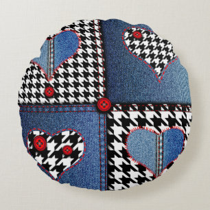 Denim Patchwork: Nahtloses Stoffmuster Rundes Kissen