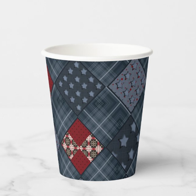 Denim Patchwork, Patchwork, Textilien, blaues Must Pappbecher (Vorderseite)