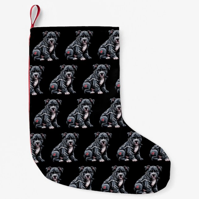 Denim-Patchwork-Pitbull-Hund edler Rocker Gothic Kleiner Weihnachtsstrumpf (Vorderseite)