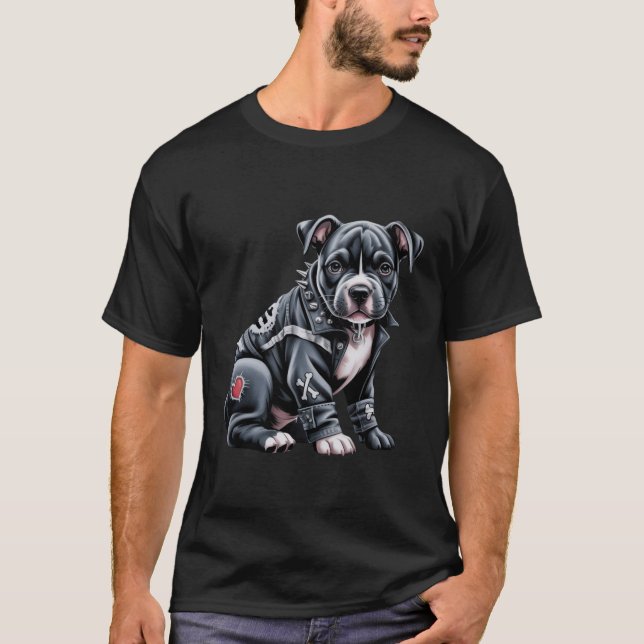 Denim-Patchwork-Pitbull-Hund edler Rocker Gothic T-Shirt (Vorderseite)