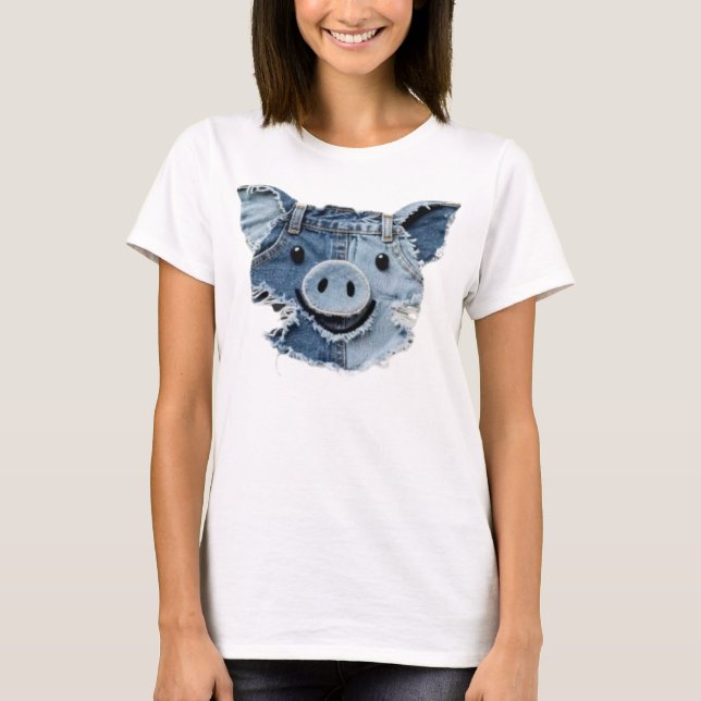 Denim-Patchwork-Schwein T-Shirt (Vorderseite)