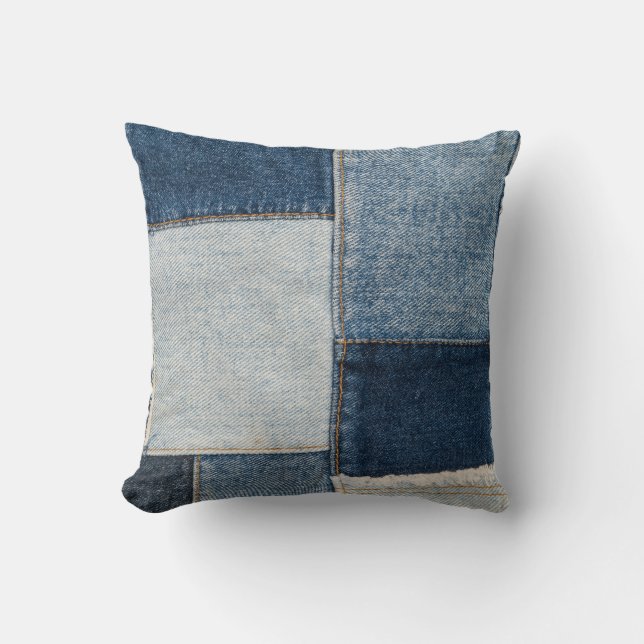 Denim-Patchwork: Vintage-Textilmuster Kissen (Vorderseite)