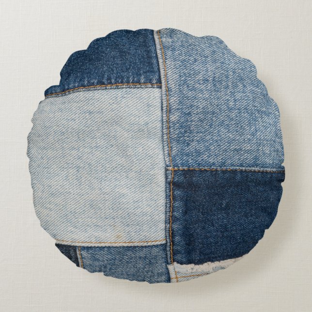 Denim-Patchwork: Vintage-Textilmuster Rundes Kissen (Vorderseite)
