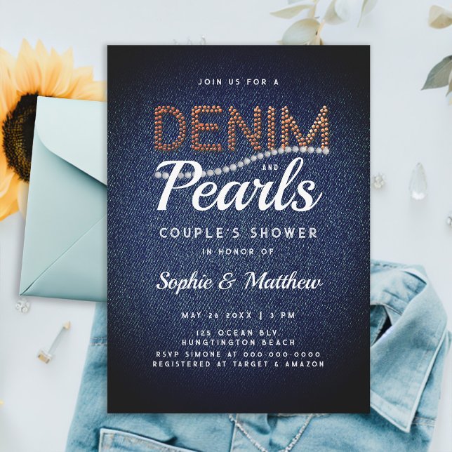Denim Pearls Couple Polterabend Elegante Rustikal Einladung (denim and pearls couple wedding shower invitation elegant rustic chic blue brown jeans white classy)