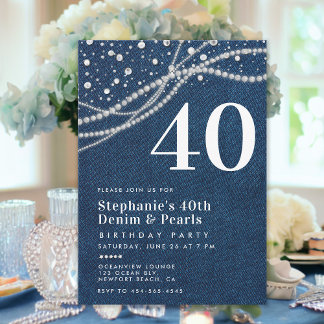 Denim Pearls Elegant Classy 40. Geburtstag Party Einladung