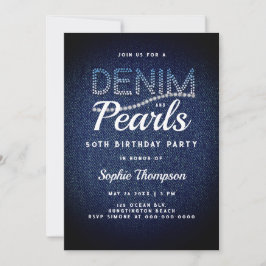 Denim Pearls Elegant Rustikale Moderne 50. Geburts Einladung