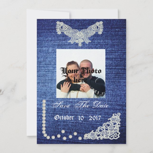 Denim, Perlen und Spitzen Save the Date (Vorderseite)