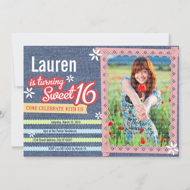 Denim & Pink Lace Sweet 16 Foto Einladung (Vorderseite)